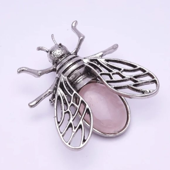 Rose Quartz Stone Bee Brooch Pendant Necklace Healing Gemstone Pendant - Picture 2 of 3